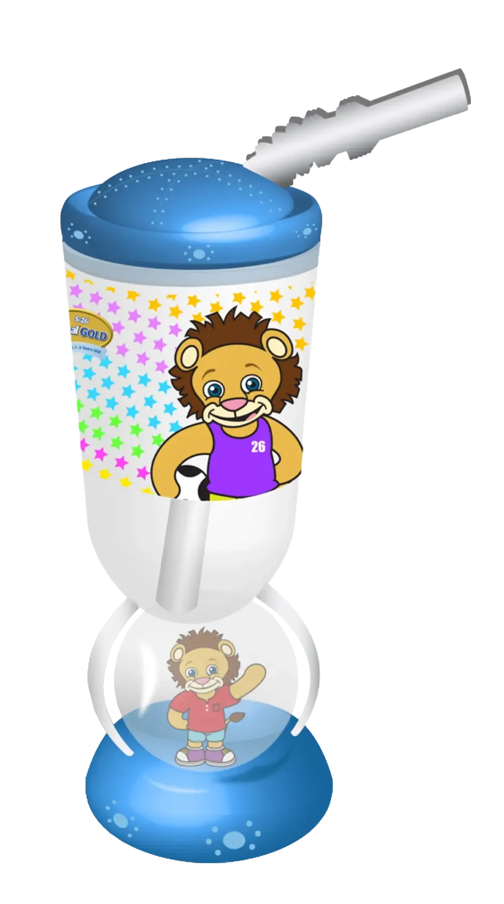 Children’s bottle for Wyeth, 2016. Transparent body with a crystal ball base holding the lion character.