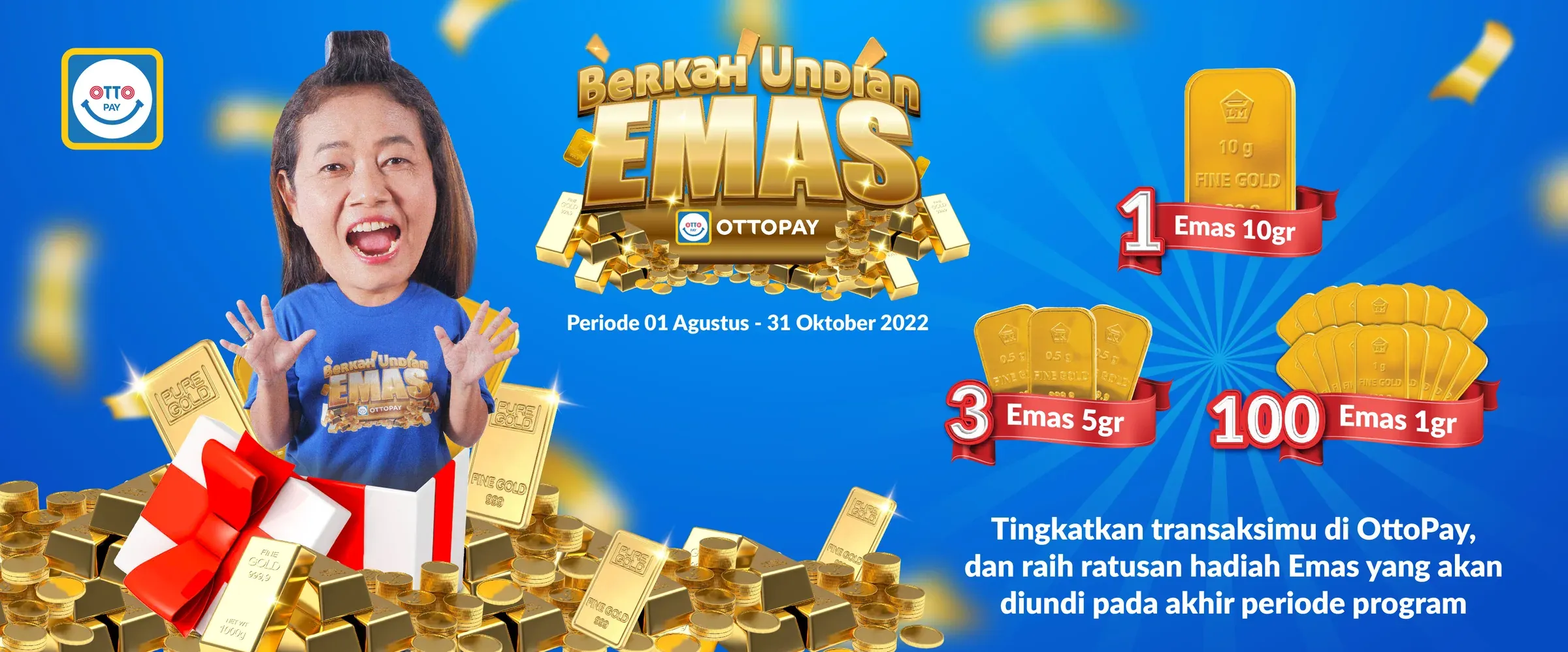 Web banner for the draw, August to October 2022. One gold bar of 10 grams, three of 5 grams and a hundred of 1 gram.